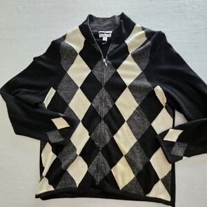 Charter Club Mens XL Cashmere Argyle Full Zip Sweater Black Grey Cream Cardigan